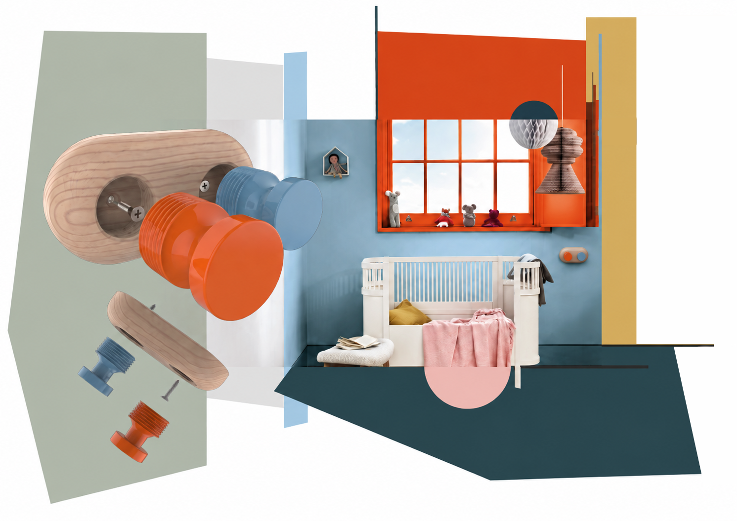 Peg children's wall hooks, exploded components and nursery setting